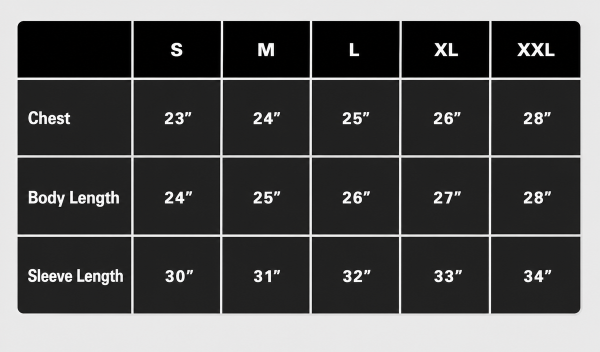 Size chart for "ERD INSPIRED" HOODIE